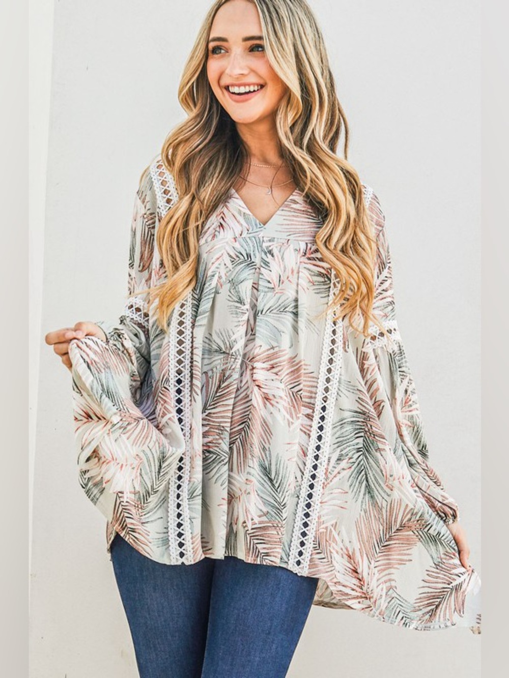 And The Why Printed with Lace Trim Casual Tunic Top